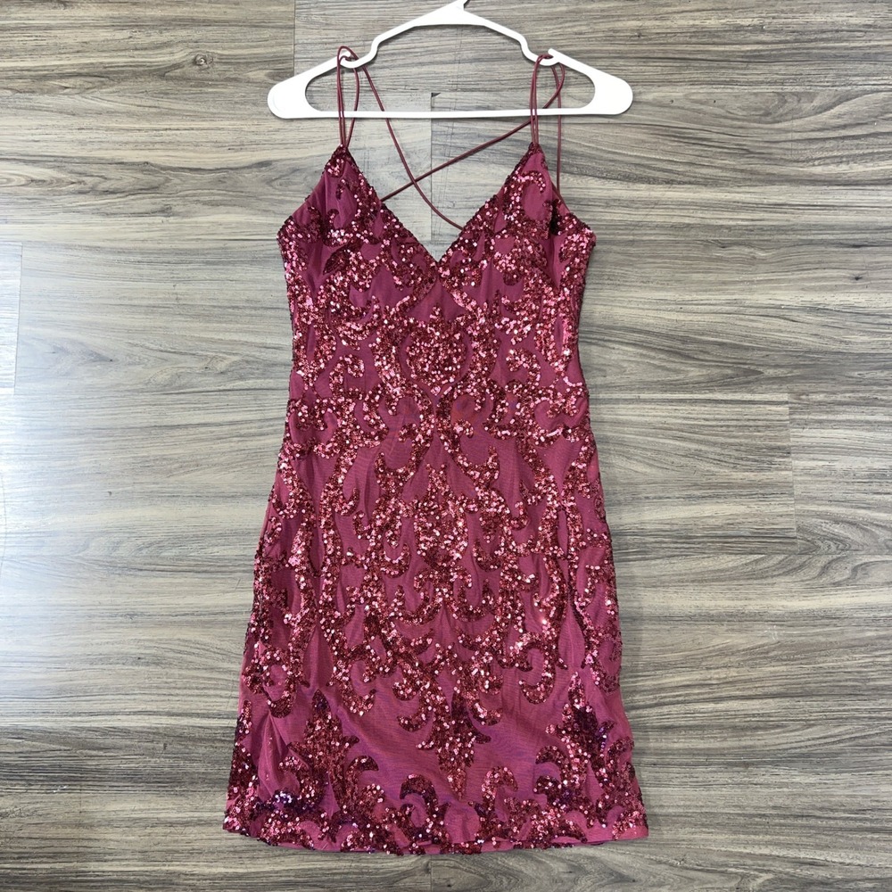 Wine Sequin Mini Party Dressy Strappy Back Bodycon Sz M
